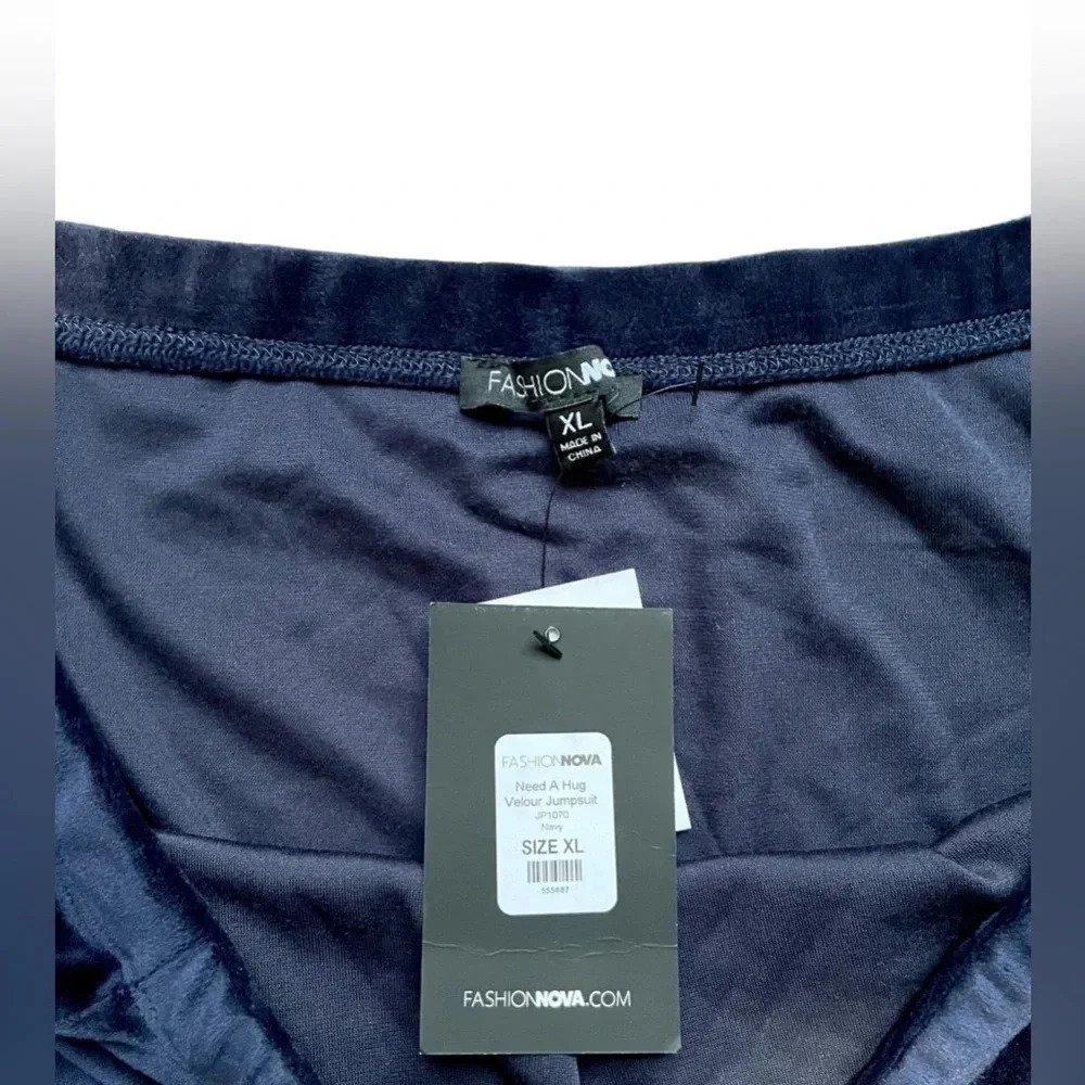 NWT Fashion Nova Navy Need A Hug Velour Long Sleeve Off Shoulder Jumpsuit - Picture 4 of 5